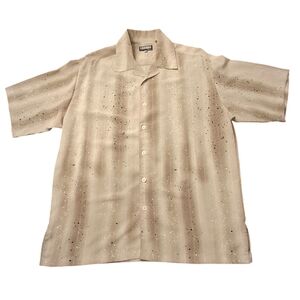 Mench Platinum Men XL Tan Specked Black White Short Sleeve Poly Button-up Shirt